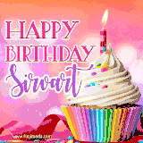 A vibrant birthday GIF featuring a rainbow-colored cupcake topped with white frosting, sprinkles, and a lit candle. The text reads 'Happy Birthday Sirvart' in bold pink and violet letters with white outline.