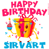 A vibrant and funny gift box character with a happy face dancing with a cupcake and the text 'Happy Birthday Sirvart,' surrounded by animated confetti and party vibes.