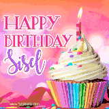 A vibrant birthday GIF featuring a rainbow-colored cupcake topped with white frosting, sprinkles, and a lit candle. The text reads 'Happy Birthday Sisel' in bold pink and violet letters with white outline.