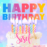 A vibrant animated name GIF with the words 'Happy Birthday Sisel' with colorful candles on a creamy cake. The background sparkles with pastel shades, adding a festive touch.