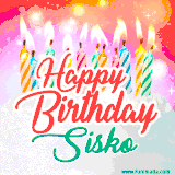 Bright birthday candles with rainbow flames on a cake, alongside the text 'Happy Birthday Sisko' in vibrant script in this celebratory animated GIF.