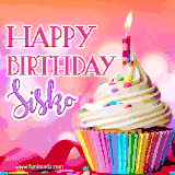 A vibrant birthday GIF featuring a rainbow-colored cupcake topped with white frosting, sprinkles, and a lit candle. The text reads 'Happy Birthday Sisko' in bold pink and violet letters with white outline.