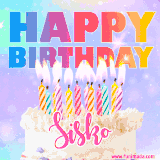A vibrant animated name GIF with the words 'Happy Birthday Sisko' with colorful candles on a creamy cake. The background sparkles with pastel shades, adding a festive touch.