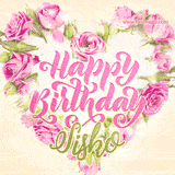 A stunning heart made of pink roses surrounds the elegant script text 'Happy Birthday Sisko' on a soft beige background. Animated sparkles add a magical and festive feel.