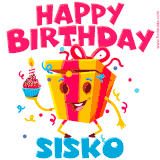 A vibrant and funny gift box character with a happy face dancing with a cupcake and the text 'Happy Birthday Sisko,' surrounded by animated confetti and party vibes.