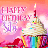A vibrant birthday GIF featuring a rainbow-colored cupcake topped with white frosting, sprinkles, and a lit candle. The text reads 'Happy Birthday Sita' in bold pink and violet letters with white outline.