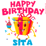 A vibrant and funny gift box character with a happy face dancing with a cupcake and the text 'Happy Birthday Sita,' surrounded by animated confetti and party vibes.