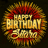 Golden 'Happy Birthday Sitara' text accompanied by animated rainbow fireworks for a festive animated greeting.