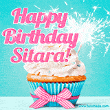 A festive cupcake with pink icing, a gingham bow, and a lit animated sparkler, paired with 'Happy Birthday Sitara!' in bright pink text.