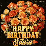 Animated bouquet of orange roses with moving butterfles and golden 'Happy Birthday Sitara' text, surrounded by sparkling accents and a dark backdrop for a luxurious feel.