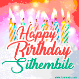 Bright birthday candles with rainbow flames on a cake, alongside the text 'Happy Birthday Sithembile' in vibrant script in this celebratory animated GIF.
