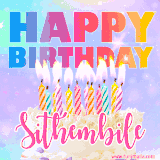 A vibrant animated name GIF with the words 'Happy Birthday Sithembile' with colorful candles on a creamy cake. The background sparkles with pastel shades, adding a festive touch.