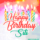 Bright birthday candles with rainbow flames on a cake, alongside the text 'Happy Birthday Siti' in vibrant script in this celebratory animated GIF.