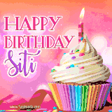 A vibrant birthday GIF featuring a rainbow-colored cupcake topped with white frosting, sprinkles, and a lit candle. The text reads 'Happy Birthday Siti' in bold pink and violet letters with white outline.