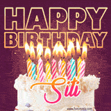 A colorful birthday cake topped with lit candles, with the words 'Happy Birthday Siti' in bold glowing letters on a burgundy background. Animated flames add a festive touch.