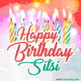 Bright birthday candles with rainbow flames on a cake, alongside the text 'Happy Birthday Sitsi' in vibrant script in this celebratory animated GIF.