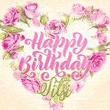 A stunning heart made of pink roses surrounds the elegant script text 'Happy Birthday Sitsi' on a soft beige background. Animated sparkles add a magical and festive feel.