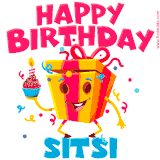 A vibrant and funny gift box character with a happy face dancing with a cupcake and the text 'Happy Birthday Sitsi,' surrounded by animated confetti and party vibes.