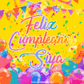 A bright and festive GIF with the text 'Feliz Cumpleaños Siya' in Spanish in colorful fonts, surrounded by confetti, balloons, and festive banners on a vibrant yellow background.