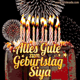 A chocolate birthday cake with glowing candles, the German text 'Alles Gute zum Geburtstag Siya,' and vibrant fireworks lighting up the background in an animated GIF.