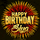 Golden 'Happy Birthday Siya' text accompanied by animated rainbow fireworks for a festive animated greeting.