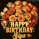 Animated bouquet of orange roses with moving butterfles and golden 'Happy Birthday Siya' text, surrounded by sparkling accents and a dark backdrop for a luxurious feel.