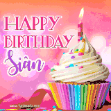 A vibrant birthday GIF featuring a rainbow-colored cupcake topped with white frosting, sprinkles, and a lit candle. The text reads 'Happy Birthday Siân' in bold pink and violet letters with white outline.