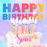 A vibrant animated name GIF with the words 'Happy Birthday Siân' with colorful candles on a creamy cake. The background sparkles with pastel shades, adding a festive touch.