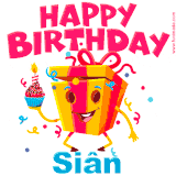 A vibrant and funny gift box character with a happy face dancing with a cupcake and the text 'Happy Birthday Siân,' surrounded by animated confetti and party vibes.