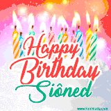 Bright birthday candles with rainbow flames on a cake, alongside the text 'Happy Birthday Siôned' in vibrant script in this celebratory animated GIF.