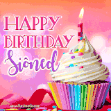A vibrant birthday GIF featuring a rainbow-colored cupcake topped with white frosting, sprinkles, and a lit candle. The text reads 'Happy Birthday Siôned' in bold pink and violet letters with white outline.