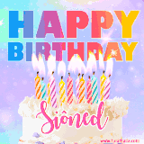 A vibrant animated name GIF with the words 'Happy Birthday Siôned' with colorful candles on a creamy cake. The background sparkles with pastel shades, adding a festive touch.