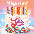Personalized for Sky elegant birthday cake adorned with rainbow sprinkles, colorful candles and glitter