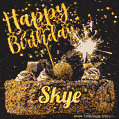 Celebrate Skye's birthday with a GIF featuring chocolate cake, a lit sparkler, and golden stars