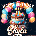 Hand-drawn happy birthday cake adorned with an arch of colorful balloons - name GIF for Skyla