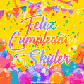 A bright and festive GIF with the text 'Feliz Cumpleaños Skyler' in Spanish in colorful fonts, surrounded by confetti, balloons, and festive banners on a vibrant yellow background.