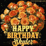 Animated bouquet of orange roses with moving butterfles and golden 'Happy Birthday Skyler' text, surrounded by sparkling accents and a dark backdrop for a luxurious feel.