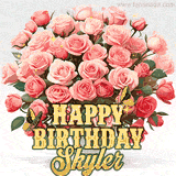 Golden 'Happy Birthday Skyler' text beneath a vibrant bouquet of orange roses, complete with glittering butterflies and sparkling details.