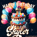 Hand-drawn happy birthday cake adorned with an arch of colorful balloons - name GIF for Skyler