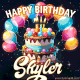 Bright birthday animation for Skyler with a chocolate cake, candles, balloons, and glowing celebratory lights.