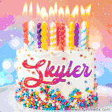 A cheerful white birthday cake with multicolor sprinkles, lit candles, and 'Skyler' written in vibrant letters, in an animated GIF.