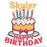 Cartoon birthday cake with a red bow, glowing candles, and 'Skyler Happy Birthday' text in bold animated style.