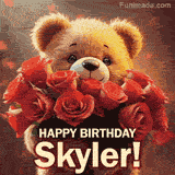 Cinematic style cute animated teddy bear with charming features holding a large bouquet of red roses, the words say 'Happy Birthday Skyler' in sans serif font.