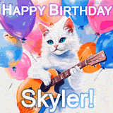 Animated GIF featuring a charming white cat with bright blue eyes strumming a guitar while colorful balloons float in the background, with 'Happy Birthday Skyler!' text.