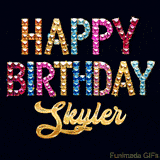 Vibrant luxury birthday greeting card for Skyler, showing glittering gemstone letters and golden calligraphy on a dark background with twinkling shine effects.