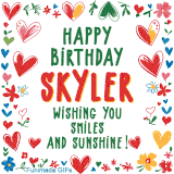 A colorful animated card for Skyler’s birthday featuring playful hearts, cheerful flowers, and a handwritten message wishing smiles and sunshine.