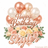 Classy Happy Birthday Skyler looping GIF with pastel balloons and greenery