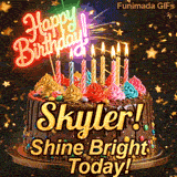 A personalized greeting card for Skyler featuring a chocolate cake with colorful toppings on a sparkly starry background.