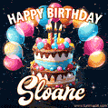Hand-drawn happy birthday cake adorned with an arch of colorful balloons - name GIF for Sloane