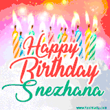 Bright birthday candles with rainbow flames on a cake, alongside the text 'Happy Birthday Snezhana' in vibrant script in this celebratory animated GIF.